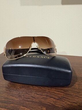 Versace Black and Gold Designer Shield Sunglasses